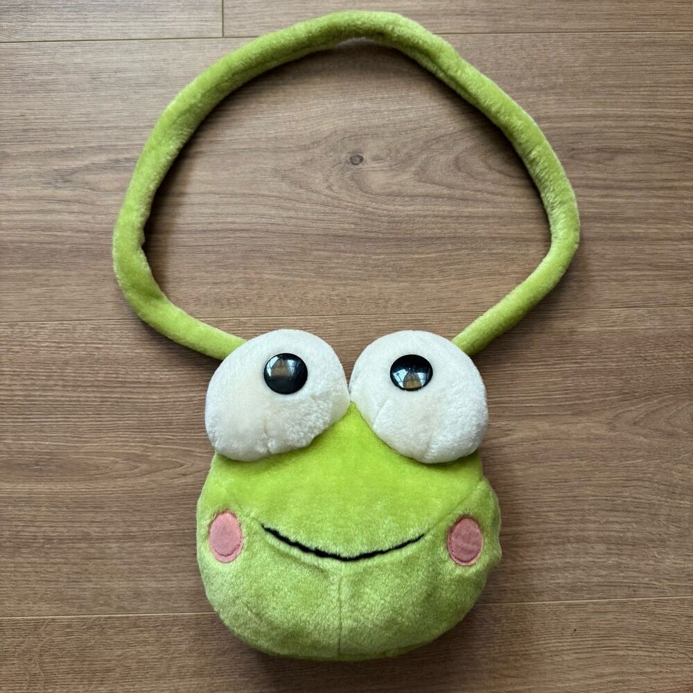 Vintage 90s Sanrio Keroppi Plush Handbag Purse Green Frog Zip Pouch 1997 Rare